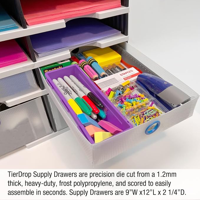 Ultimate Office TierDrop Supply Drawers, 9w x 12d x 2.25h, Set of 3, Clear | Color-coded finger rings for easy access to contents; stores desk accessories and supplies; designed for TierDrop organizers - Image 4
