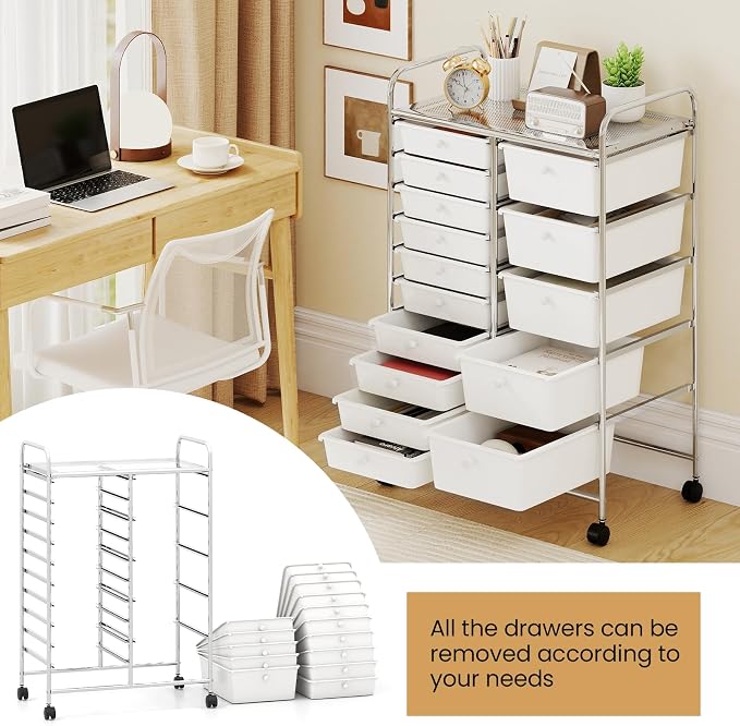 Giantex 15 Drawer Rolling Cart with Drawers, Storage Organizer Cart for Classroom Office School Teacher, Mobile Drawer Cart for Tools, Crafts, Small Printer, Ivory - Image 7