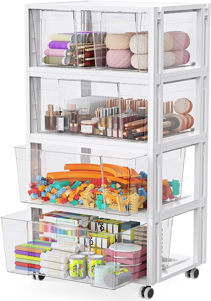 Stackable Storage Drawer Carts, Extra Large Bins 4 Tier 5 Drawers | Smooth Pull-Out Drawers, Clear Plastic Storage Organizer Container For Home Office Bedroom Bathroom Art Crafts Under Desk by HOMETUK
