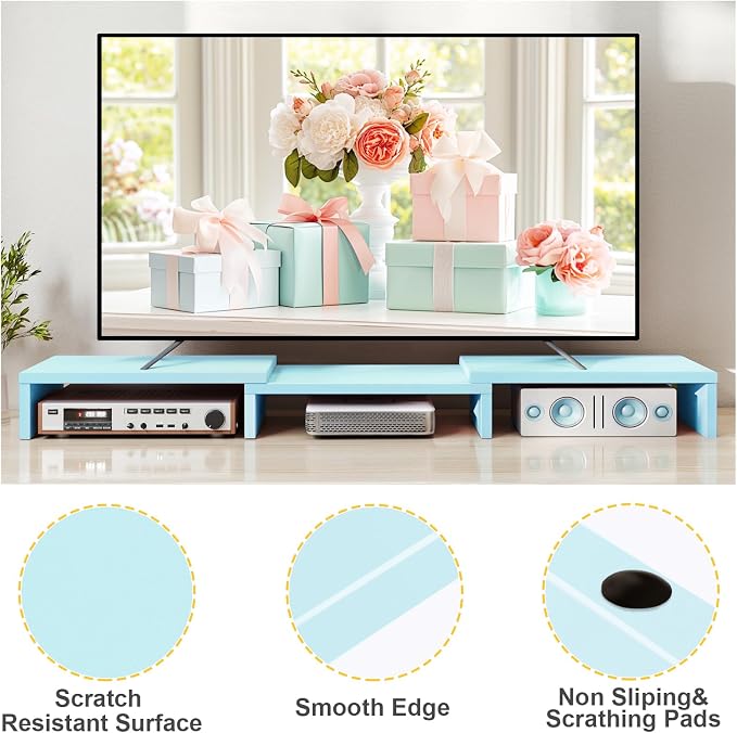 TAVR Dual Monitor Stand Riser, Wooden Computer Monitor Stand for 2 Monitors | Extra Long Multifunctional Desktop Organizer Riser for TV, PC Monitor, Laptop, Printer, Max 43.3" Length, Blue - Image 9