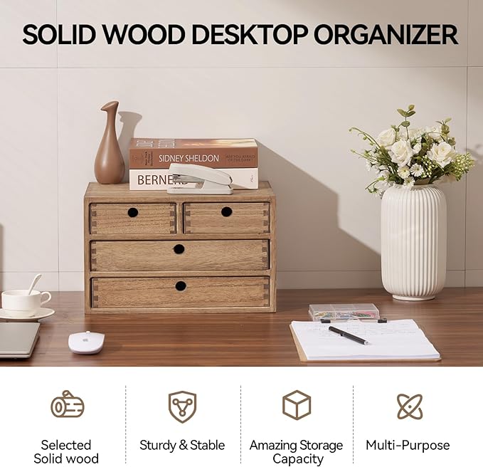 KIRIGEN Wood Desk Organizer with 4 Drawers, Desktop Storage, Brown 34-DBR | 3-Tier Solid Wood Cabinet Holds Letter-Size Paper, Mail, Makeup, Crafts, and Home Office Supplies, Fully Assembled - Image 4