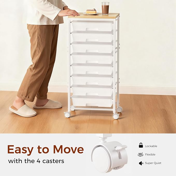 Rolling Cart with 8 Drawers, Plastic Drawer Storage Carts with Wheels & Wooden Tabletop, Metal Utility Cart Organizer for Bedroom Living Room Office Classroom Craft Organization and Storage, White - Image 5