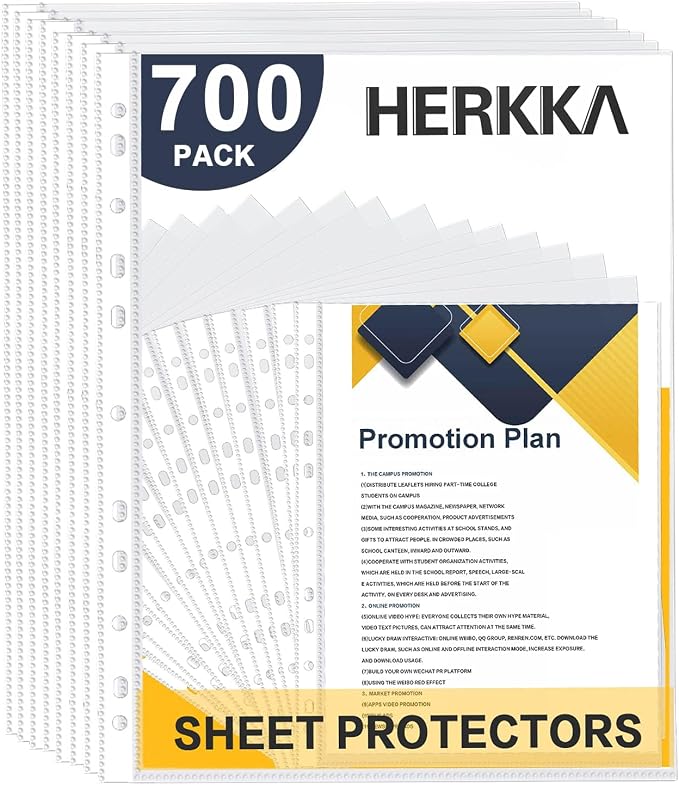 Sheet Protectors, HERKKA 700 Pack Heavy Duty Clear Plastic Page Protectors Sheet Reinforced 11-Hole Fit for 3 Ring Binder Fits Standard 8.5 x 11 Paper, 9.25 x 11.25 Top Loaded, Acid Free by HERKKA