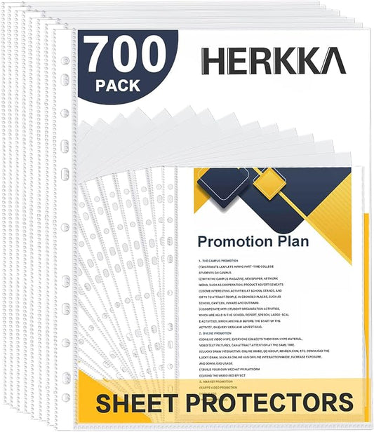 Sheet Protectors, HERKKA 700 Pack Heavy Duty Clear Plastic Page Protectors Sheet Reinforced 11-Hole Fit for 3 Ring Binder Fits Standard 8.5 x 11 Paper, 9.25 x 11.25 Top Loaded, Acid Free by HERKKA