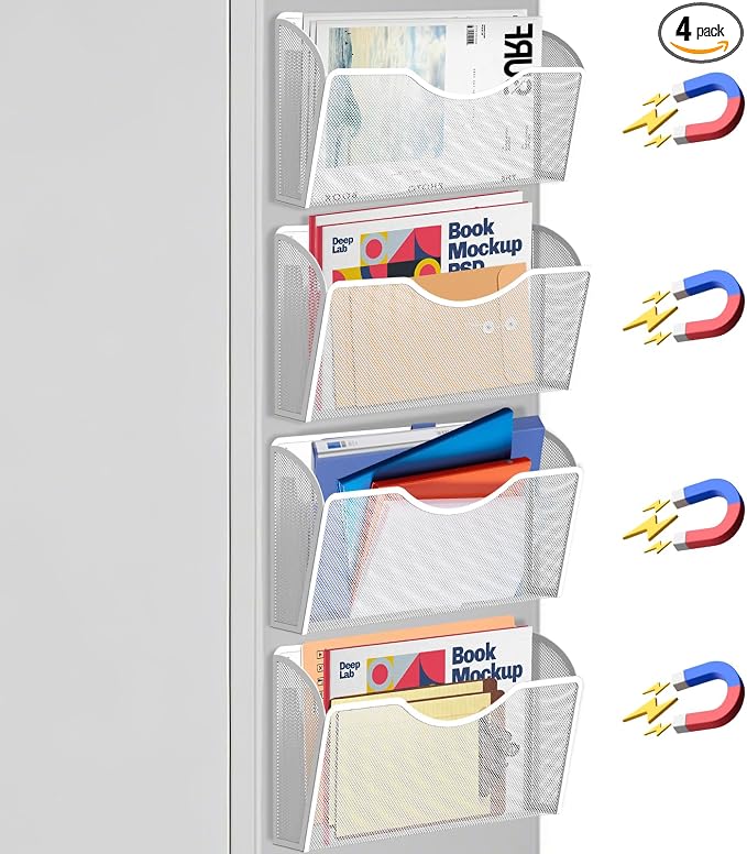 4PCS Magnetic File Holder - No Drilling Magazine Paper Document Holder, Hanging File Organizer for Refrigerators, Whiteboards & File Cabinets by LQPAFZ