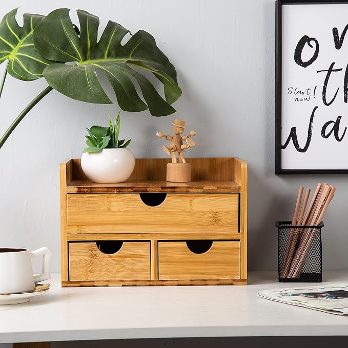 Rustic Bamboo Desk Organizer with Drawers,3-Drawer Desktop Storage Box | 3 Drawers Mini Open Top Shelf Pens, Notes, Makeup, Jewelry & Toiletries for Office, Bath Toiletries Vanity Office Supplies - Image 2