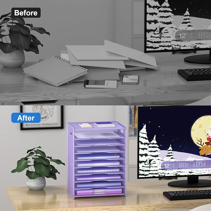 OUTWOLF 10 Tier Paper Organizer - Letter Tray Mesh Desk File Organizer with Handles for Office School Desktop, Purple - Image 4