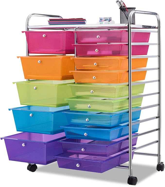 Giantex 15 Drawer Rolling Storage Cart Tools Scrapbook Paper Office School Organizer, Multicolor - Image 7