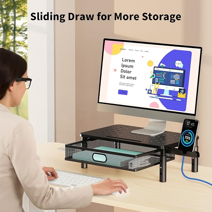 Zimilar 2 Pack Monitor Stand Riser+2 Pack Monitor Stand Riser with Metal Drawer and Phone Holder - Image 8