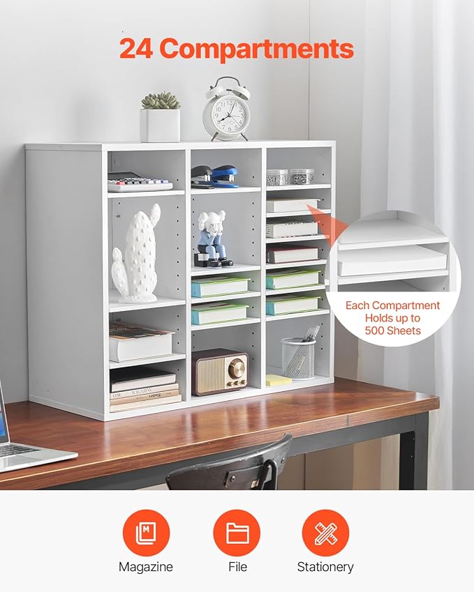 VEVOR Literature Organizer, 24 Compartments Office Mailbox with Adjustable Shelves, Wooden Mailbox Sorter Medium Density Fiberboard Office Home Classroom Storage for Files, Documents, Papers, White - Image 4