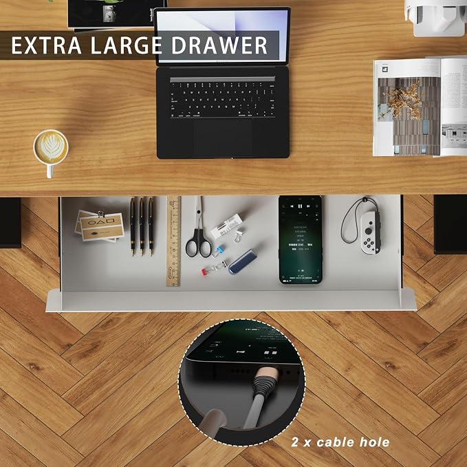 White Large Under Desk Mounted Sliding Drawer with 2 Cable Hole and 60 Degree Tilt Panel to Pull Out, 22.4'' Long & 9.2'' deep Large Storage Organizer for Sit Stand Workstation - Image 3