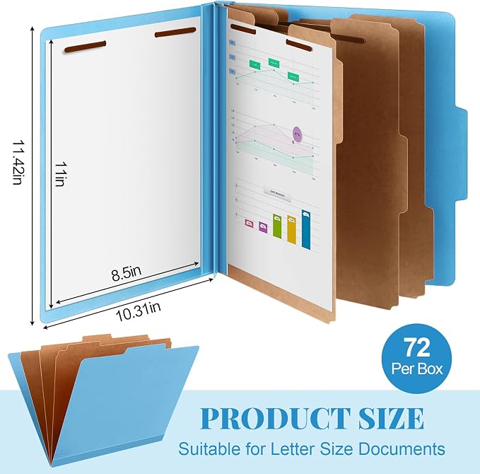 Skyygemm 72 Pcs Classification Folder Letter Size, 3 Divider File,Blue | Back to School Supplies, Pressboard File with Fastener, Expanding Organizer Bulk for School Teacher, Office Employee, Staff - Image 2