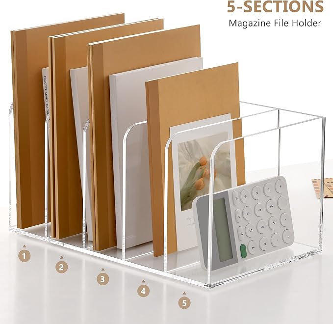 SANRUI Acrylic Magazine Holder Desk Organizer Workspace Sorters, Clear Bookend File Sorter Folder Rack For Home Office Accessories Organization Storage with 5 Vertical Compartments - Image 5