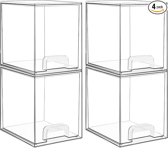 Vtopmart Clear Stackable Storage Drawers, 4 Pack Tall Plastic Organizers | Clear Pull-Out Drawers, Stackable Design for Skincare, Cosmetics, Beauty Supplies, Vanity, Bathroom, Cabinet and Countertop by Vtopmart