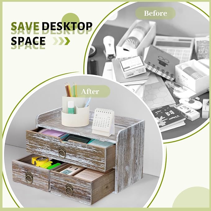 Wood Desk Organizer with Drawer, Washed Brown Wooden Desktop Organizer, Tabletop Storage Organization Box for Countertop, Home Office Supplies (3 Drawer and Shelf) - Image 6