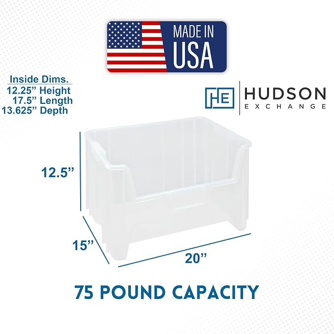 HE HUDSON EXCHANGE 20" x 15" x 12.5" (3 Pack) Plastic Giant Stackable Hopper Bin, Clear - Image 2