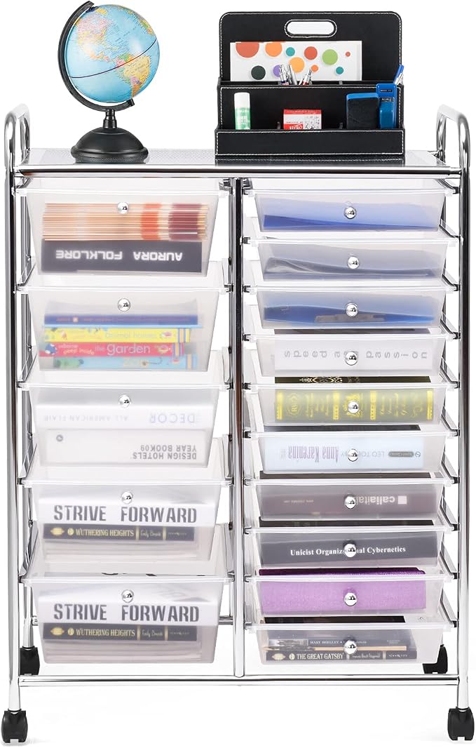 DORTALA 15-Drawer Rolling Storage Cart with Drawers, Rolling Utility Cart w/Removable Drawers & Universal Wheels, Tools Scrapbook Paper Organizer for School, Office, Home, Classroom (Clear) by DORTALA