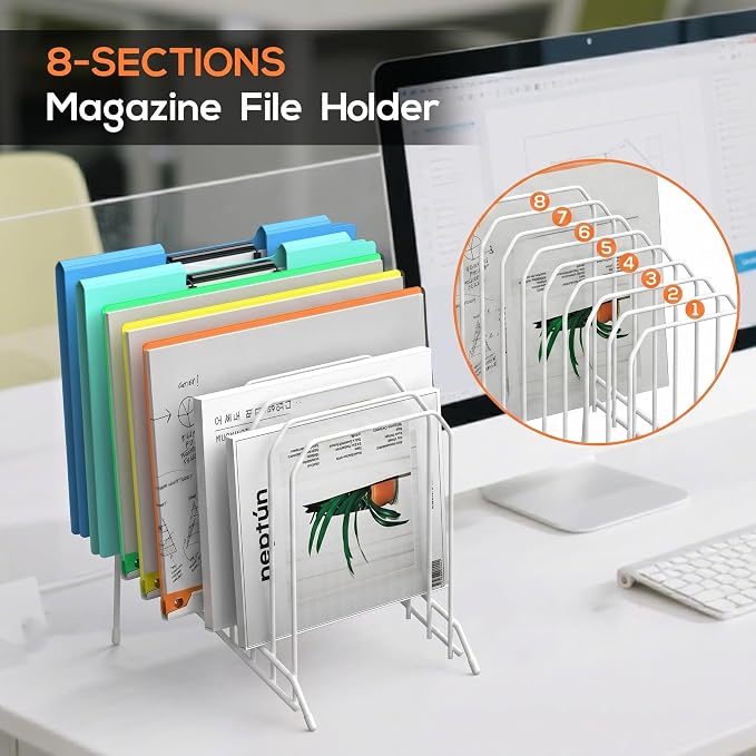 Incline Sorter Desk File Organizer, Metal Desk Magazine Folder Holder with 8-Section Vertical Compartments Rack File Organizer for Office, Home, School - Image 3