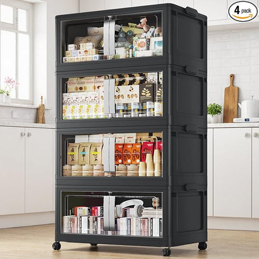 BROVIEW 640QT Stackable Storage Bins with Lids, 160Gal Extra Large Collapsible Storage Box with Wheel, Plastic Storages with Clear Door Open Front for Home Kitchen Garage, Black-4pack by BROVIEW-EnjoytheArtofLife