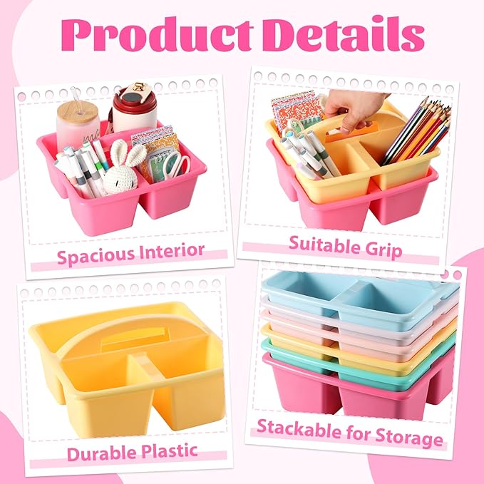 6 Pack 3 Compartment Small Caddy Plastic Classroom Organizer with Handle Portable Teacher Supply Storage Caddy Craft Art Caddies for Pencil, Crayon, Marker, Home, Office, School Supplies(Pastel) - Image 3