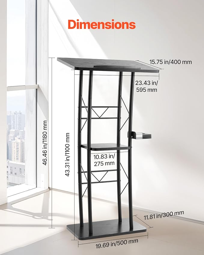 VEVOR Podium Stand, 47-Inch Metal Lectern, Curved Standing Podium with Wide Reading Surface, Open Storage Compartment, Book Stopper, Cup Holder, for Classroom, Wedding, Conference, Speech, and Concert - Image 4