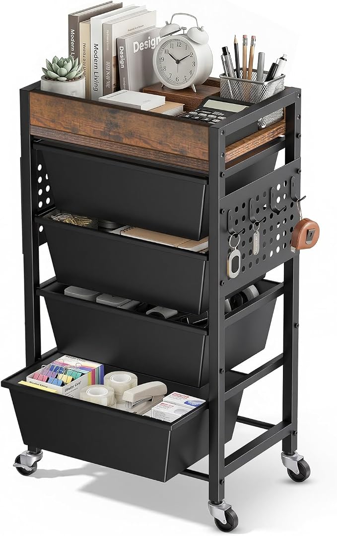 5 Tier Rolling Cart with Drawers, Plastic Drawer Storage Craft Cart with Pegboards & Hooks, Metal Utility Cart with Wheels & Wooden Tabletop, Classroom Office Art Supply Organizers and Storage, Black by TimeForest