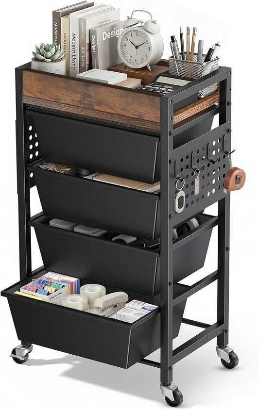 5 Tier Rolling Cart with Drawers, Plastic Drawer Storage Craft Cart with Pegboards & Hooks, Metal Utility Cart with Wheels & Wooden Tabletop, Classroom Office Art Supply Organizers and Storage, Black by TimeForest