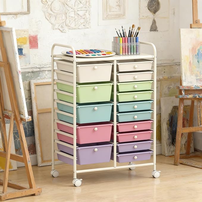 DORTALA 15-Drawer Rolling Storage Cart with Drawers, Rolling Utility Cart w/Removable Drawers & Universal Wheels, Tools Scrapbook Paper Organizer for School, Office, Home, Classroom (Ice Cream) - Image 2
