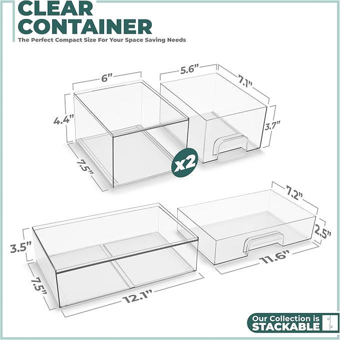 Sorbus Acrylic Storage Containers - 3 Pack, Stackable Storage Bins Set for Bathroom Organization - Clear Acrylic Drawer Organizers - Makeup Case Pull-Out Drawers (4.4’’ Tall and 12.1’’ Wide) - Image 3