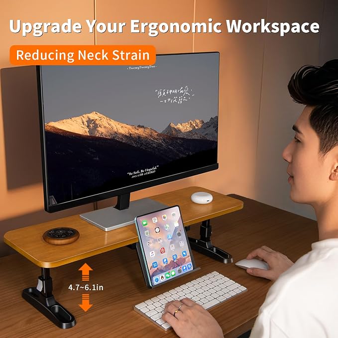 Wooden Monitor Stand Riser for Desk,Adjustable Height Monitor Shelf Riser with Phone Holder,Desk Storage Organizer Accessories,Wood Computer Screen Stands for Office,Home,Laptop,Printer,TV - Image 7