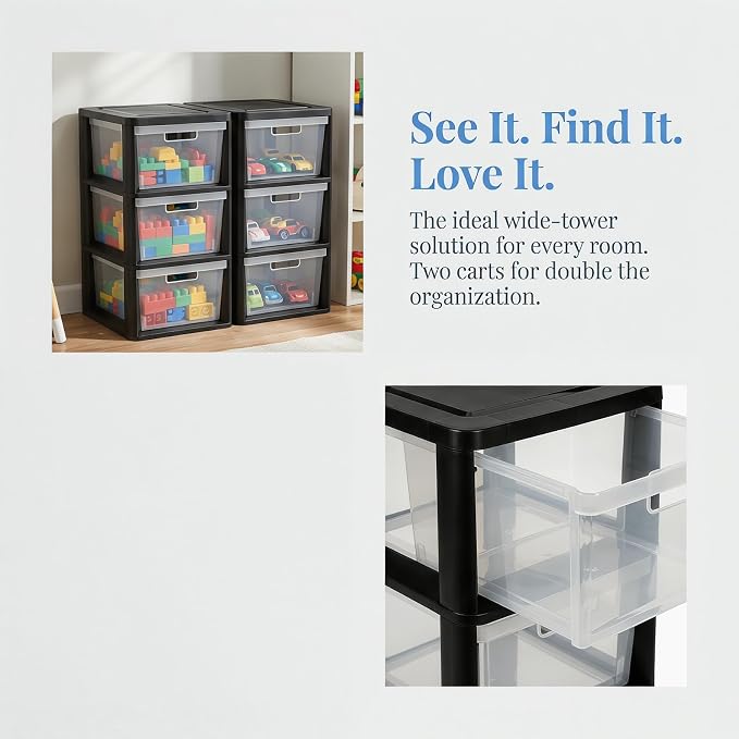 2 Pcs Plastic Drawer Wide Tower Plastic Storage Cart with Clear Pull Out Drawers, Black (Black, 3 Drawer Wide Tower) - Image 4