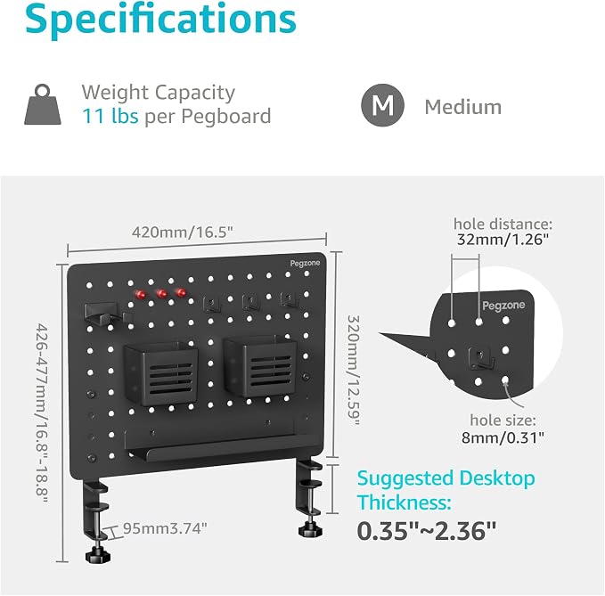 Clamp on Desk Pegboard, 16.5" x 12.6", with 10 Accessories, Black | Magnetic Metal Peg Board, Desk Organizer for Office Gaming Home, Privacy Panel, Medium - Image 6