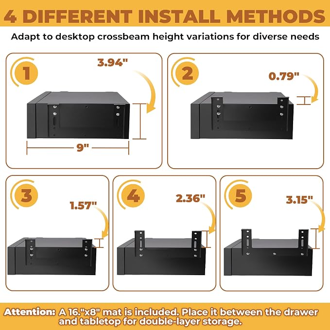 POPMOON 16.6" Under Desk Drawer, Adjustable Pull-Out Storage Organizer | Carbon Steel Under Table Drawer with 5 Height Settings, Smooth Slide Rails, Fit Flat Wooden & Standing Desks, Hold 33 Lbs - Image 5