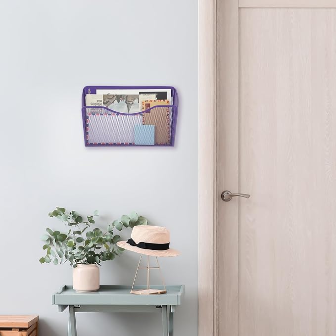 3 Single Pocket Mesh Hanging File Organizer, Vertical Wall Mounted Magazine File Holder, Mount Basket Mail Paper Document Folder Organizing for Office, Home and School, Purple - Image 5
