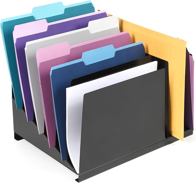Huron Desktop File Binder Organizer Storage, Combination Vertical 3/Slant 6 Slot Tray, Black Steel by Huron
