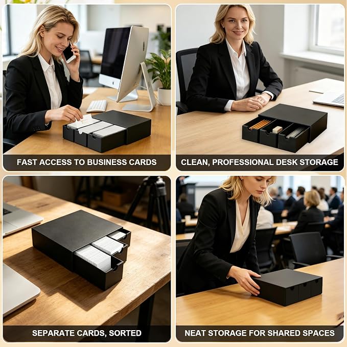 Business Card Storage Box 3 Pack, Stackable Business Card Organizer with 9 Pull-Out Drawers and Labels, Holds Up to 4500 Cards, Black Corrugated Desktop Filing Boxes - Image 6
