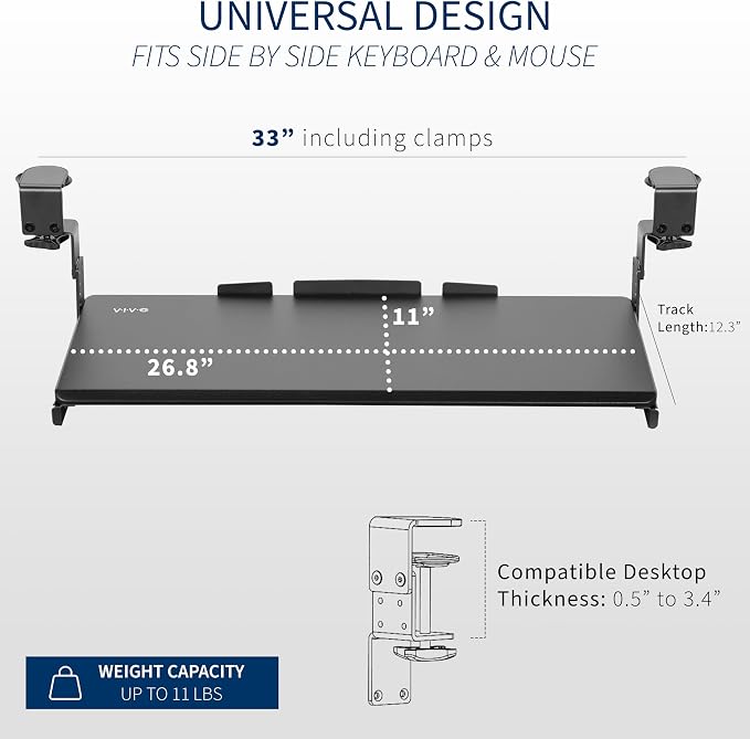 VIVO Large Height Adjustable Under Desk Keyboard Tray, C-clamp Mount System, 27(33 Including Clamps) x 11 inch Slide-Out Platform for Typing, Black, MOUNT-KB05HB - Image 4