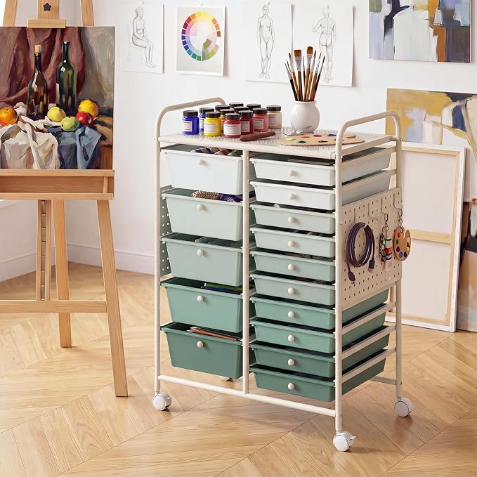 GOFLAME 15-Drawer Rolling Storage Cart with Pegboard, Craft Storage Cart with Lockable Wheels and Metal Frame, Art Cart Supply Storage Organizer for Home Office Classroom, Green Gradient - Image 2