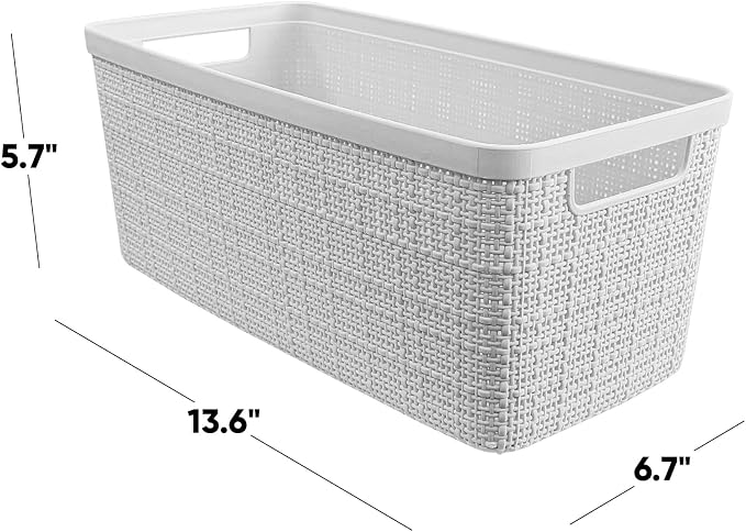 Curver Set of 8 Slim 6.8L Jute Decorative Plastic Organization and Storage Baskets - Perfect Bins for Home Office, Closet Shelves, Kitchen Pantry and All Bedroom Essentials, White - Image 2