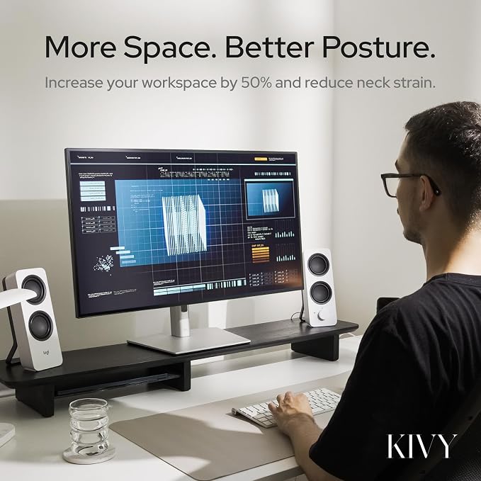 KIVY Dual Monitor Riser With Integrated Metal Shelf [MADE BY HAND] - Wooden Desk Shelf for 2 Monitors - Wide Long Stand for Desk (44 x10x3in - Black) - Image 3