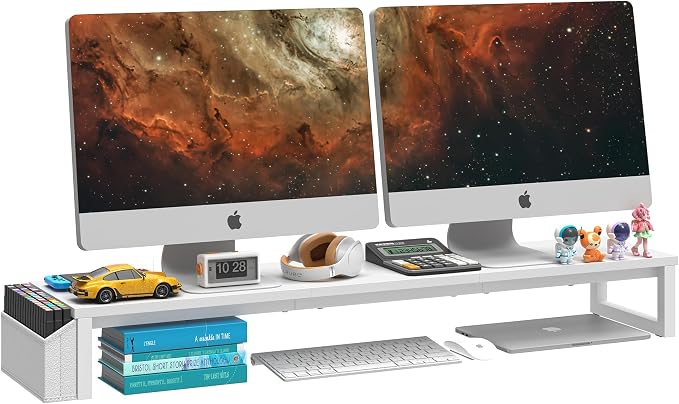 LAND·VOI Dual Monitor Stand Riser,41.5'' Long Monitor Stand for 2 Monitors, Wood and Steel Computer Monitor Stand, Desktop Oraganizer with Pen Holder, Monitor Riser for Desk Computer,Laptop,TV, White by LAND%C2%B7VOI