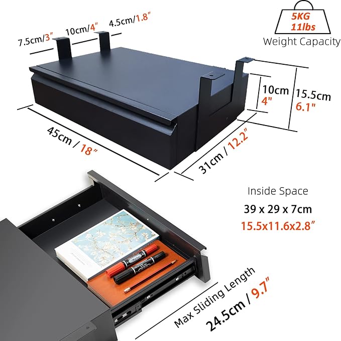 Under Desk Drawer 18”, Under Workbench Tool Storage Hanging Drawers | Black Tall, Under Counter Shelf Pencil Drawer, Slide Pull Out Shop Drawer Base, Under Desk Lip with Crossbar Storage Drawer - Image 3