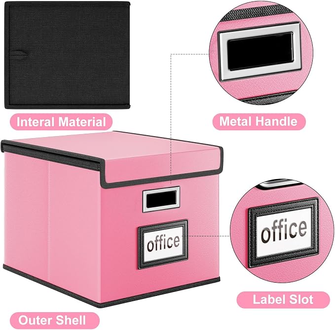 File Organizer Box with Lids, Collapsible File Folder Organizer | File Box with Plastic Slides for Document, Filing Bin for Letter Size Hanging File Folders (2 Pack, Pink, Leather) - Image 3