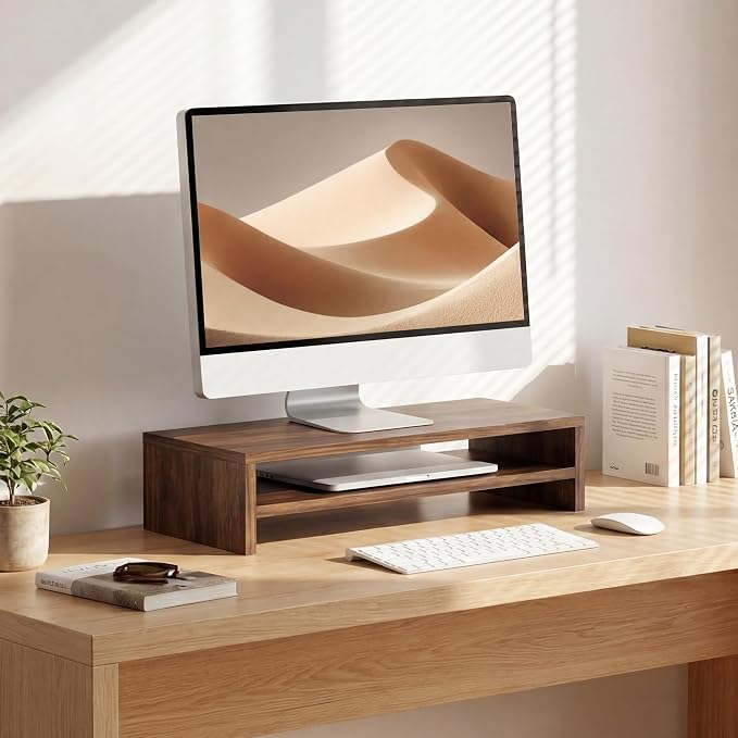 FITUEYES Wooden Monitor Stand Riser, 2-Tier Desk Storage Shelf, Brown | 21.3-Inch Desktop Organizer Fits Laptop, Computer Screen and Office Supplies - Image 2