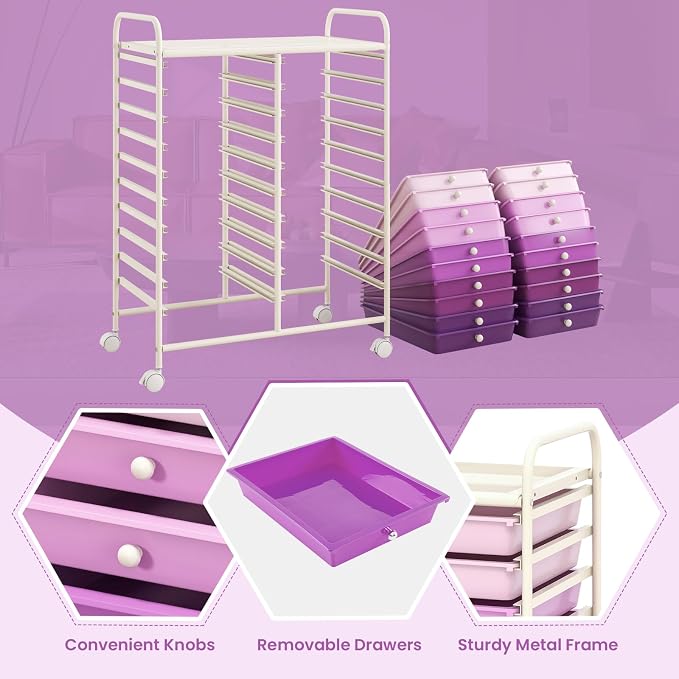 GOFLAME 20-Drawer Rolling Storage Cart, Multifunctional Art Craft Organizer Cart, Mobile Utility Storage Cart with Removable Drawers & Lockable Wheels, Craft Cart for Home Office, Purple Gradient - Image 6