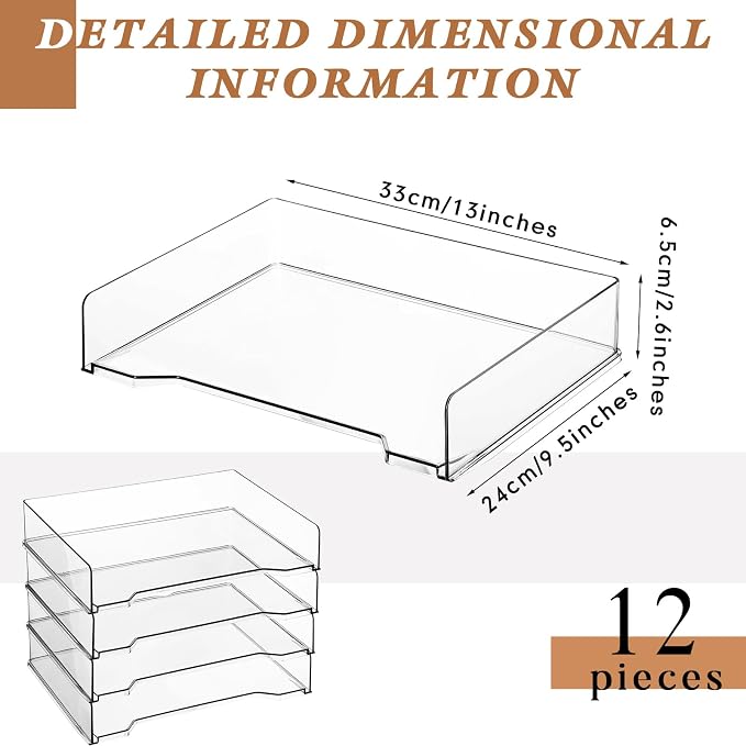 DoubleFill 12 Pcs Stackable Letter Tray Rectangular Plastic Desk Organizer 13 x 9.5 x 2.6 in Paper Holder File Tray Accessories Rack for Desktop Office Desk Drawers (Clear) - Image 2