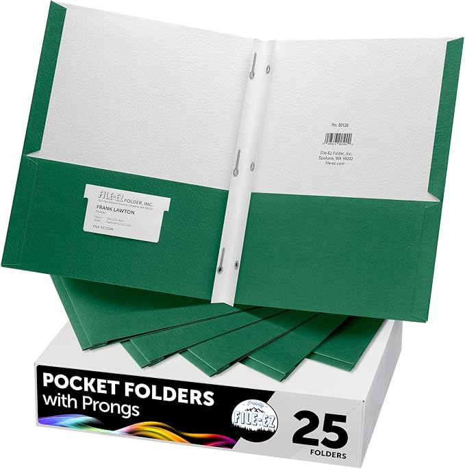 FILE-EZ Two-Pocket Folders with 3-Prong Fasteners, Green Color, 25-Pack, Durable Textured Paper, Matte Finish, Letter Sheet Size (EZ-92560) by FILE-EZ