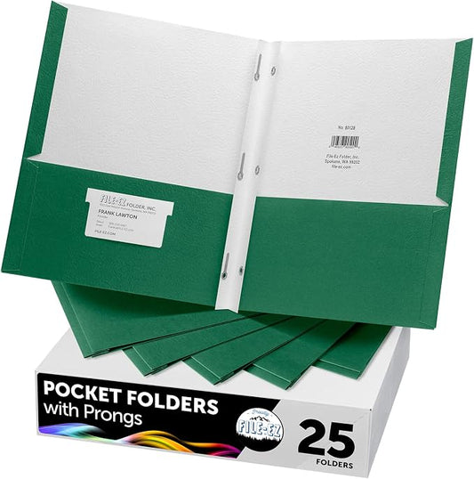 FILE-EZ Two-Pocket Folders with 3-Prong Fasteners, Green Color, 25-Pack, Durable Textured Paper, Matte Finish, Letter Sheet Size (EZ-92560) by FILE-EZ