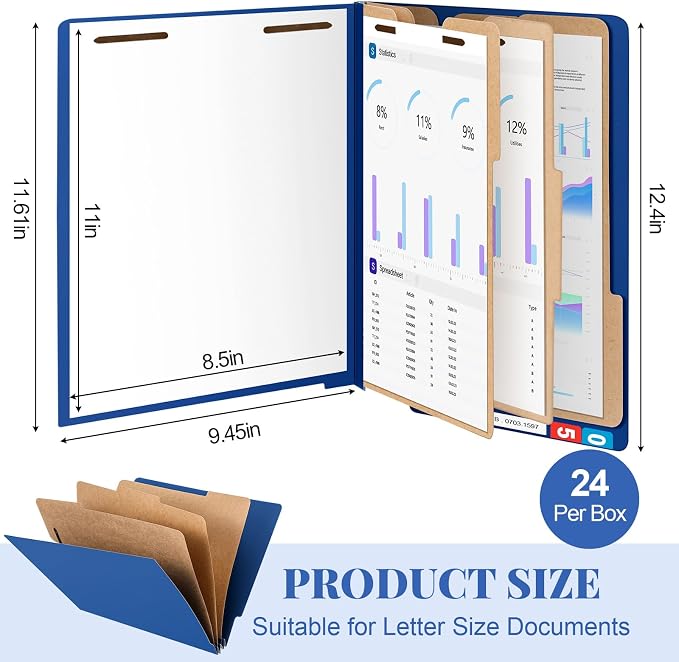 Skyygemm 24 Pack Classification Folders, Letter Size,3 Dividers,Dark Blue | Pressboard File Folders, 2 Prong Fasteners, 3" Expanding, Manila, End Tab, for Office School Legal Records Medical - Image 2
