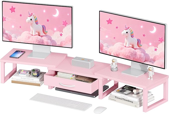 Desk Organizers and Accessories, Dual Monitor Stand Riser with Drawer, Computer Monitor Stand, Adjustable Desk Shelf for PC Laptop Printer TV, Pink by Unknown